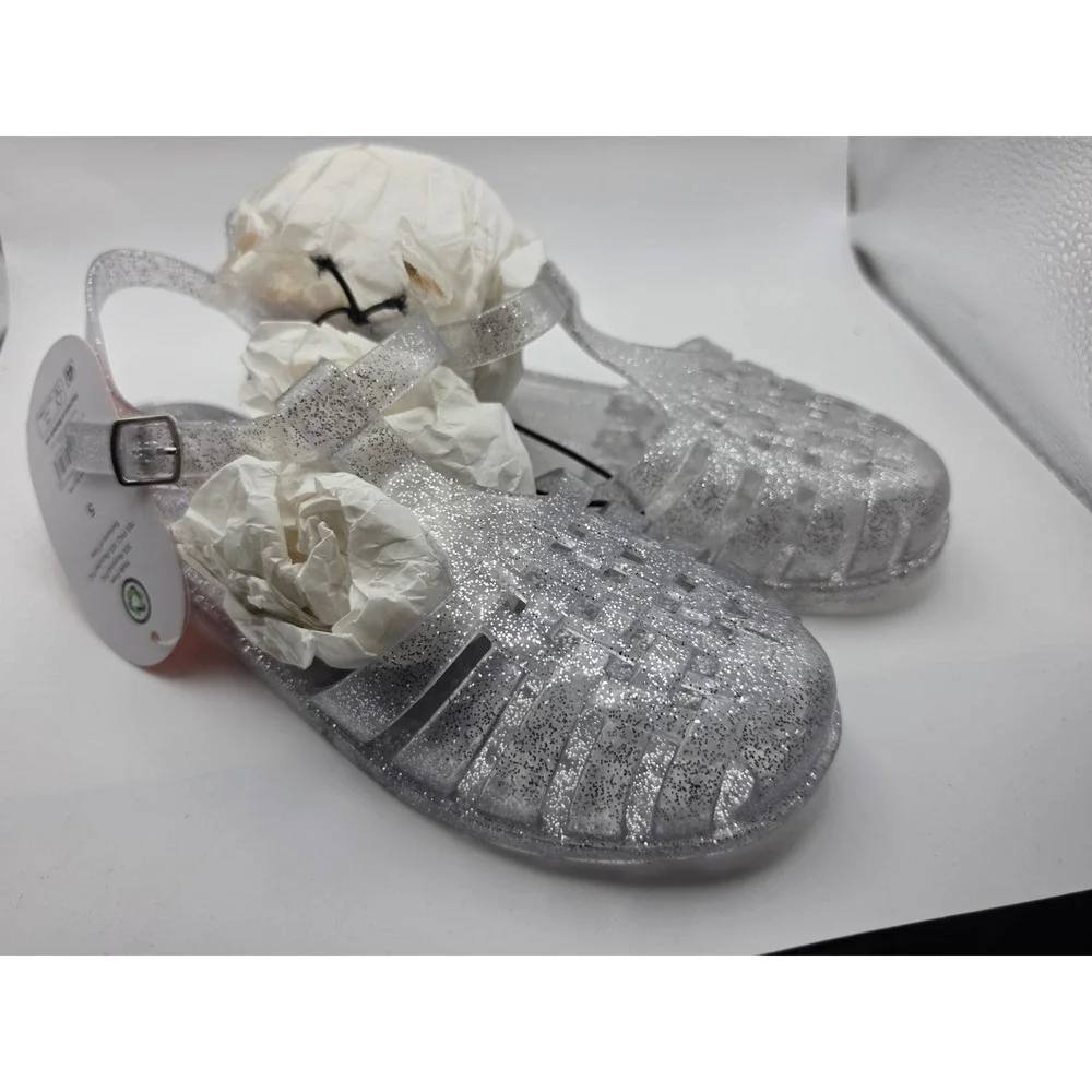 Wonder Nation Girls Clear Silver Glitter Jelly Sandals Fisherman Shoes Size 5